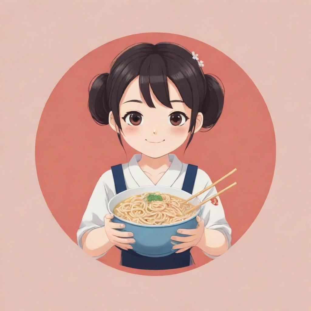 Anime-inspired logo of a cute, innocent character, holding a bowl of noodles in one hand and chopsticks in the other.