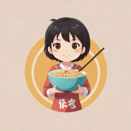 Anime-inspired logo of a cute, innocent character, holding a bowl of noodles in one hand and chopsticks in the other.