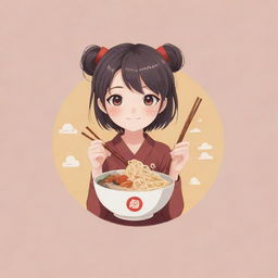 Anime-inspired logo of a cute, innocent character, holding a bowl of noodles in one hand and chopsticks in the other.