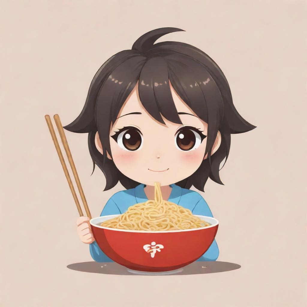 Logo of an innocent, cute anime character holding a bowl of noodles in one hand and chopsticks in the other.