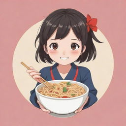 Logo of an innocent, cute anime character holding a bowl of noodles in one hand and chopsticks in the other.