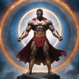 Visualize the strongest protector of the universe, a towering figure radiating with power and authority.