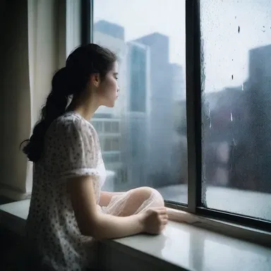 Sarah sat by the window, gazing at the raindrops falling against the glass in a state of inaction, waiting for her lover to return.