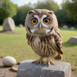 A cartoon owl with a minor injury, sitting down and looking sadly at the stone thrown by some mischievous kids in the distance