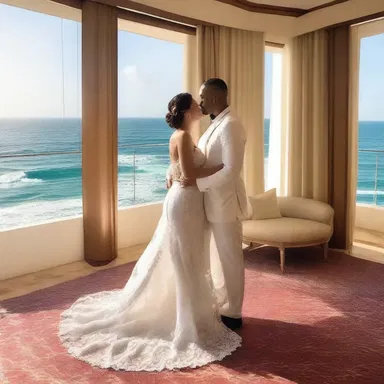 The couple spent their anniversary in a lavish hotel suite overlooking the ocean.