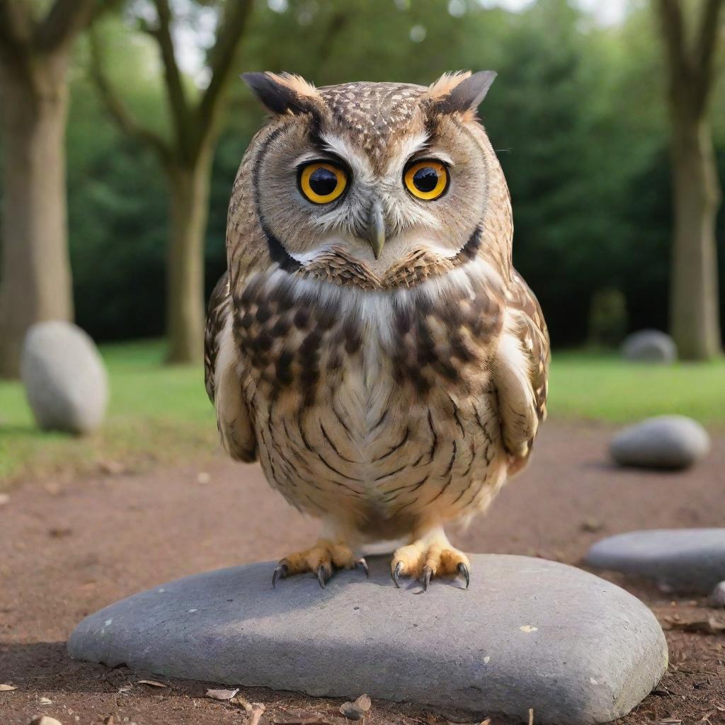 A cartoon owl with a minor injury, sitting down and looking sadly at the stone thrown by some mischievous kids in the distance