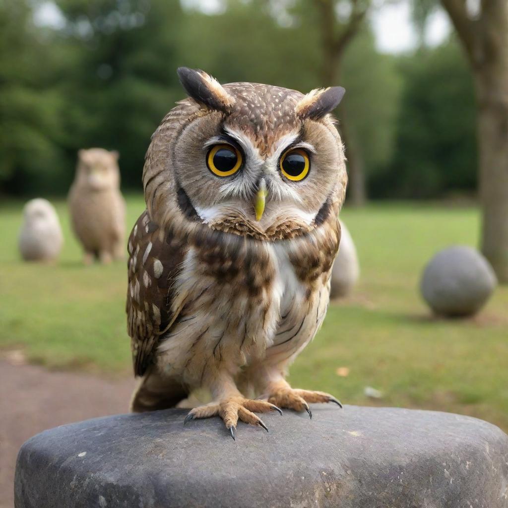 A cartoon owl with a minor injury, sitting down and looking sadly at the stone thrown by some mischievous kids in the distance