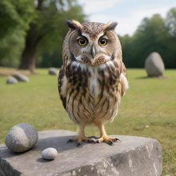 A cartoon owl with a minor injury, sitting down and looking sadly at the stone thrown by some mischievous kids in the distance