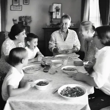 During dinner, the family gathered 'en famille' and shared funny stories from their day.