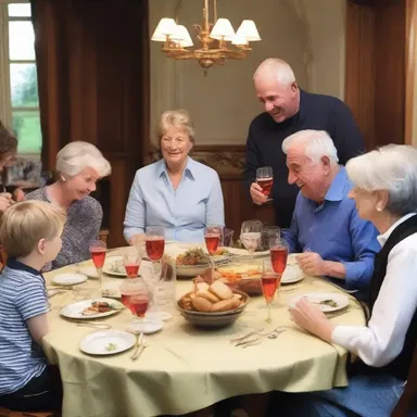During dinner, the family gathered 'en famille' and shared funny stories from their day.