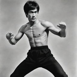 A detailed portrait of Bruce Lee in mid-action pose, showcasing his intense focus and charismatic personality.