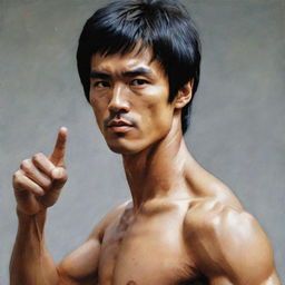 A detailed portrait of Bruce Lee in mid-action pose, showcasing his intense focus and charismatic personality.