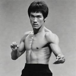 A detailed portrait of Bruce Lee in mid-action pose, showcasing his intense focus and charismatic personality.