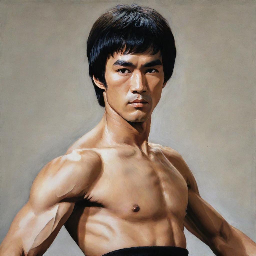 A detailed portrait of Bruce Lee in mid-action pose, showcasing his intense focus and charismatic personality.