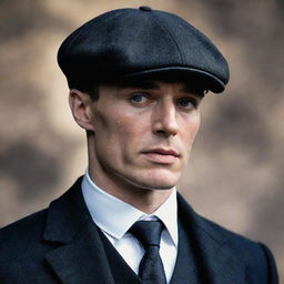 A detailed portrait of Thomas Shelby, the iconic character from the television series Peaky Blinders. Feature his sharp features, wearing a dark suit and his signature flat cap, oozing an enigmatic, intense aura.