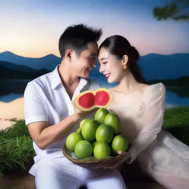 During their romantic getaway, they shared a juicy and sweet pulasan fruit, savoring the exotic flavors together under the moonlit sky.