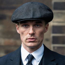 A detailed portrait of Thomas Shelby, the iconic character from the television series Peaky Blinders. Feature his sharp features, wearing a dark suit and his signature flat cap, oozing an enigmatic, intense aura.