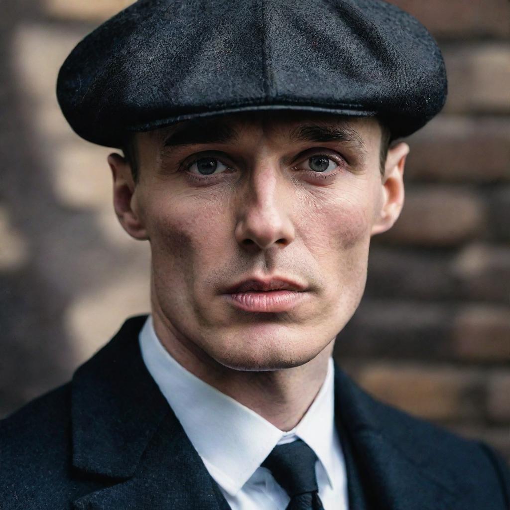 A detailed portrait of Thomas Shelby, the iconic character from the television series Peaky Blinders. Feature his sharp features, wearing a dark suit and his signature flat cap, oozing an enigmatic, intense aura.