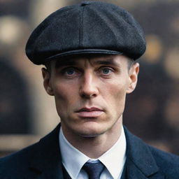 A detailed portrait of Thomas Shelby, the iconic character from the television series Peaky Blinders. Feature his sharp features, wearing a dark suit and his signature flat cap, oozing an enigmatic, intense aura.