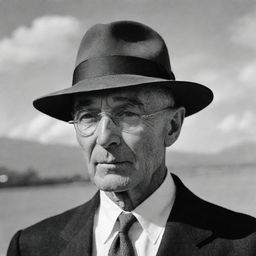 A powerful portrait of J. Robert Oppenheimer, the influential physicist dubbed 'father of the atomic bomb'. His thoughtful appearance complete with round glasses, a hat, and his absorbed, introspective expression, set against a historical backdrop.