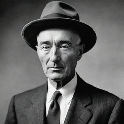 A powerful portrait of J. Robert Oppenheimer, the influential physicist dubbed 'father of the atomic bomb'. His thoughtful appearance complete with round glasses, a hat, and his absorbed, introspective expression, set against a historical backdrop.