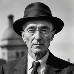 A powerful portrait of J. Robert Oppenheimer, the influential physicist dubbed 'father of the atomic bomb'. His thoughtful appearance complete with round glasses, a hat, and his absorbed, introspective expression, set against a historical backdrop.