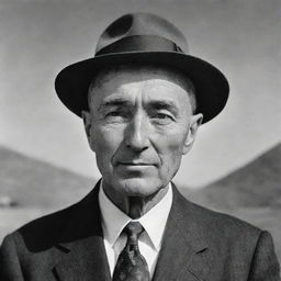 A powerful portrait of J. Robert Oppenheimer, the influential physicist dubbed 'father of the atomic bomb'. His thoughtful appearance complete with round glasses, a hat, and his absorbed, introspective expression, set against a historical backdrop.