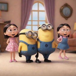 A delightful scene from the animated film Despicable Me, with characters Gru, the Minions and the three girls, in a setting that captures the colourful and humorous vibe of the film.