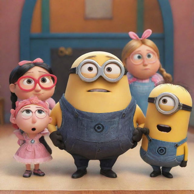 A delightful scene from the animated film Despicable Me, with characters Gru, the Minions and the three girls, in a setting that captures the colourful and humorous vibe of the film.