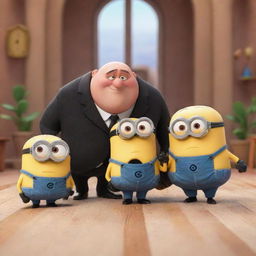 A delightful scene from the animated film Despicable Me, with characters Gru, the Minions and the three girls, in a setting that captures the colourful and humorous vibe of the film.