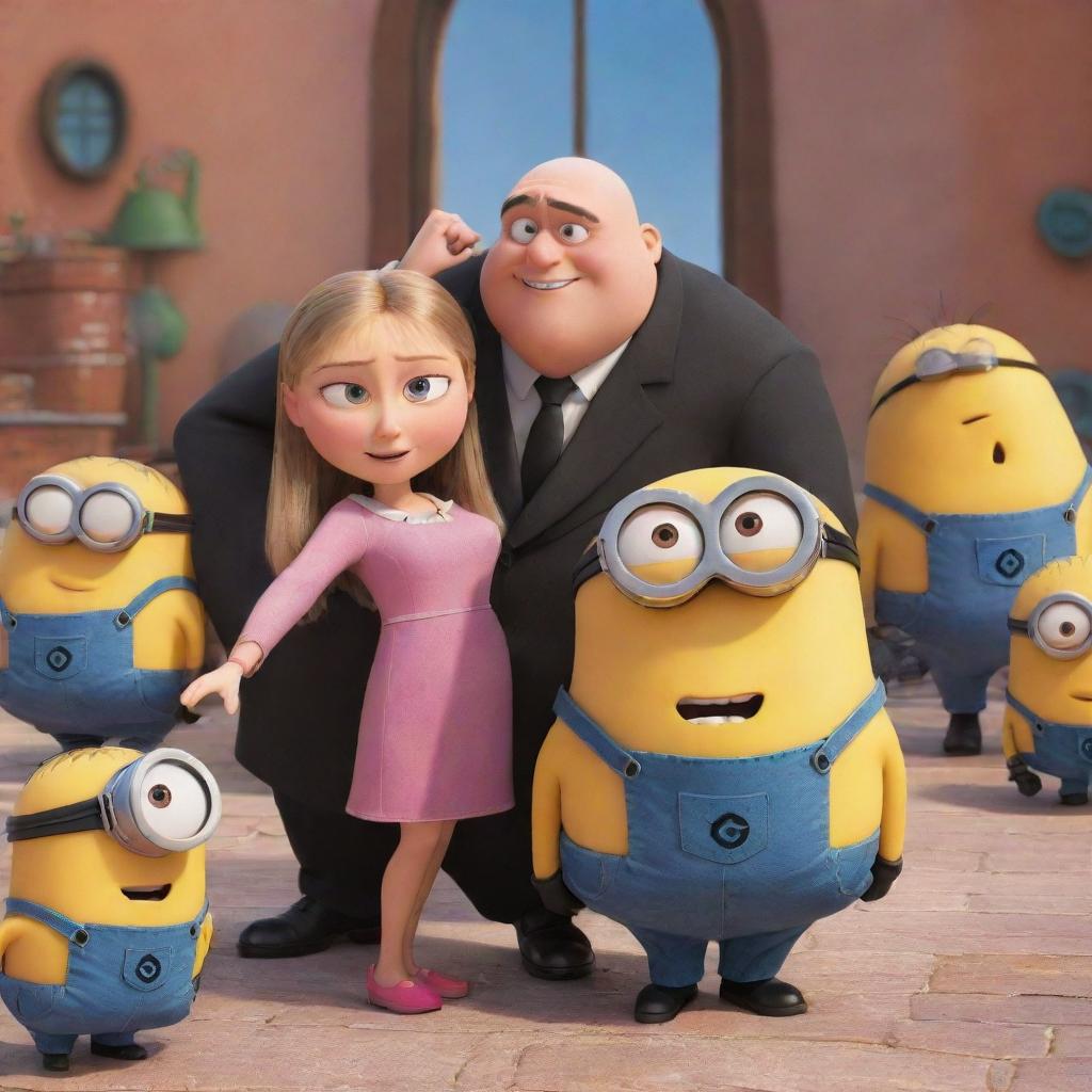 A delightful scene from the animated film Despicable Me, with characters Gru, the Minions and the three girls, in a setting that captures the colourful and humorous vibe of the film.