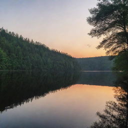 Sunset over a calm lake with dense forest in the background