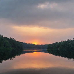 Sunset over a calm lake with dense forest in the background