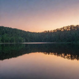 Sunset over a calm lake with dense forest in the background