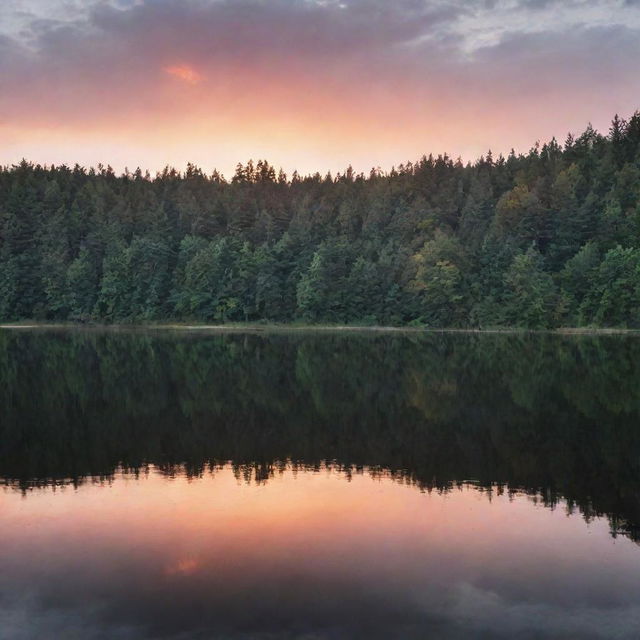 Sunset over a calm lake with dense forest in the background