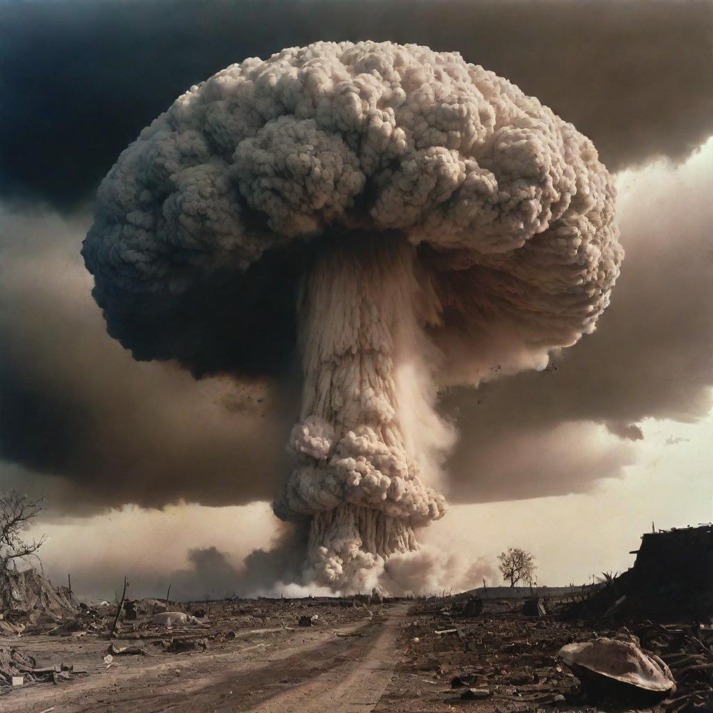 A harrowing scene of an atomic explosion, with a colossal mushroom cloud reaching up into the sky, radiating intense light and heat. The eerie spectacle illuminates the devastated landscape below.