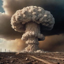 A harrowing scene of an atomic explosion, with a colossal mushroom cloud reaching up into the sky, radiating intense light and heat. The eerie spectacle illuminates the devastated landscape below.