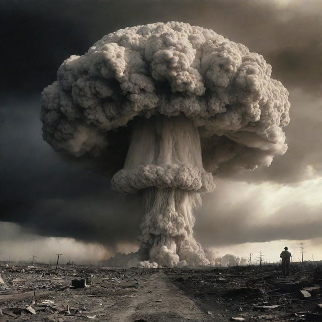 A harrowing scene of an atomic explosion, with a colossal mushroom cloud reaching up into the sky, radiating intense light and heat. The eerie spectacle illuminates the devastated landscape below.