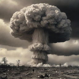 A harrowing scene of an atomic explosion, with a colossal mushroom cloud reaching up into the sky, radiating intense light and heat. The eerie spectacle illuminates the devastated landscape below.