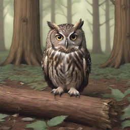 A cartoon owl lying on the forest floor beneath towering trees, visibly wounded but bravely enduring the pain