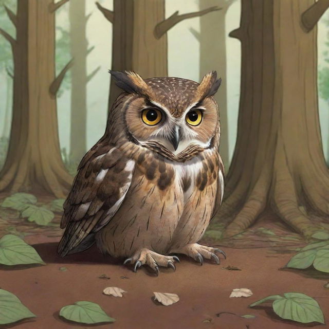 A cartoon owl lying on the forest floor beneath towering trees, visibly wounded but bravely enduring the pain