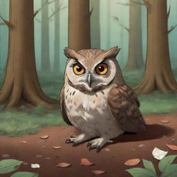 A cartoon owl lying on the forest floor beneath towering trees, visibly wounded but bravely enduring the pain