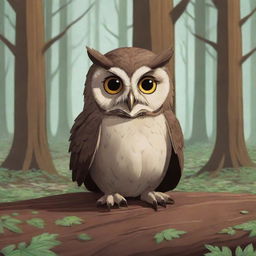 A cartoon owl lying on the forest floor beneath towering trees, visibly wounded but bravely enduring the pain