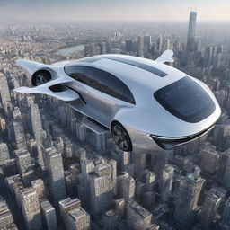 An advanced flying car soaring through the sky, designed sleekly and complemented with high-tech features. Below is a cityscape with reflective glass structures and moving vehicular traffic.