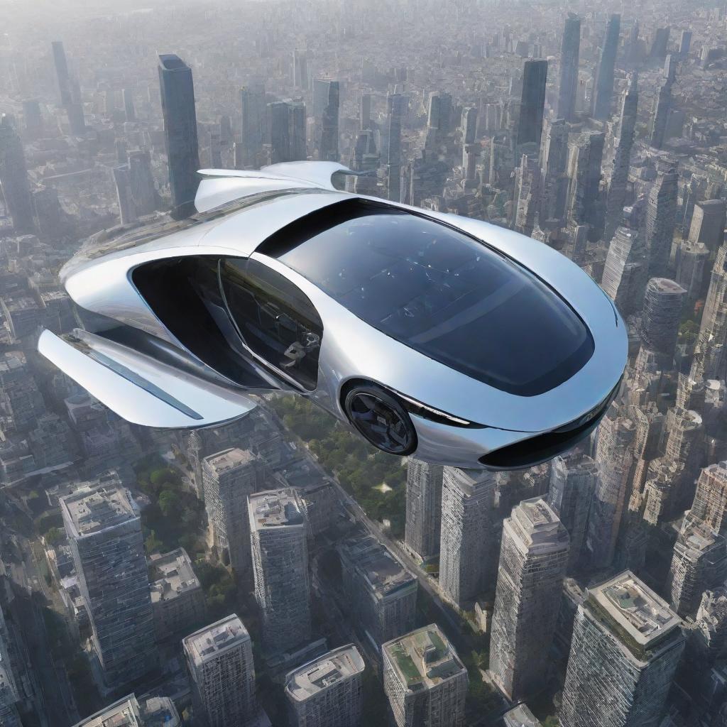 An advanced flying car soaring through the sky, designed sleekly and complemented with high-tech features. Below is a cityscape with reflective glass structures and moving vehicular traffic.