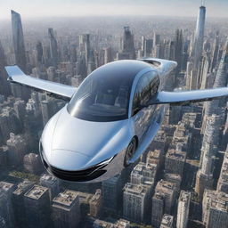 An advanced flying car soaring through the sky, designed sleekly and complemented with high-tech features. Below is a cityscape with reflective glass structures and moving vehicular traffic.