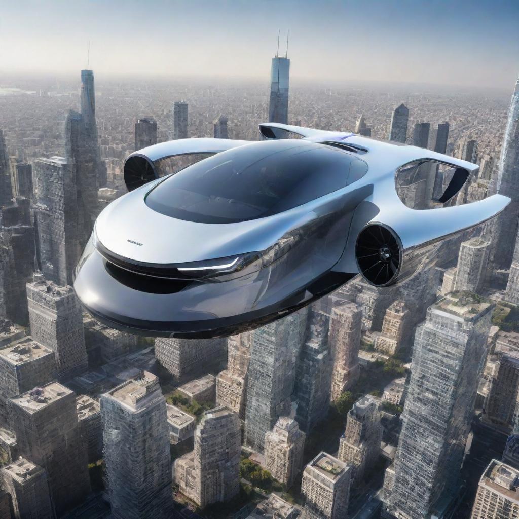 An advanced flying car soaring through the sky, designed sleekly and complemented with high-tech features. Below is a cityscape with reflective glass structures and moving vehicular traffic.