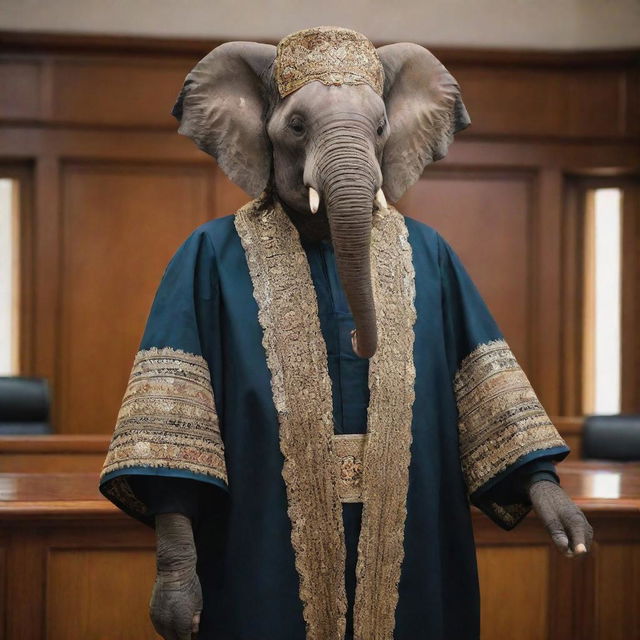 A majestic elephant dressed in a formal Chief Justice attire of Nigeria, standing in a courtroom.