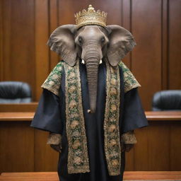 A majestic elephant dressed in a formal Chief Justice attire of Nigeria, standing in a courtroom.