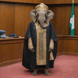 A majestic elephant dressed in a formal Chief Justice attire of Nigeria, standing in a courtroom.